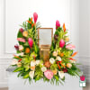 Tropical floral wreath with pink and orange blooms around a framed center