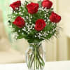 Red roses arranged in a clear glass vase with baby's breath