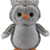 Plush owl toy with gray and white fur and orange beak and feet