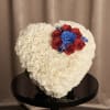 Heart-shaped white floral arrangement with red and blue roses