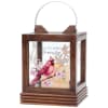 Wooden memorial lantern with a cardinal and cherry blossoms