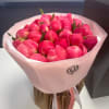Bouquet of bright pink tulips wrapped in pale pink paper