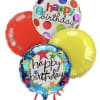 Cluster of colorful birthday balloons with two printed message balloons