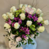 Bouquet of white roses and purple alstroemeria with green button mums