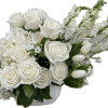 White roses and hydrangeas in a low white container