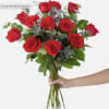 Bouquet of red roses with eucalyptus greenery