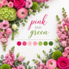 Pink and green floral arrangement with roses, ranunculus, and lisianthus