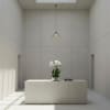 White orchid plant in a pot on a pedestal in a minimalist room
