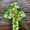 Green floral cross with orchids and pale blooms on an easel