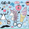 Colorful doodle collage with a unicorn, cactus, donut, and other icons