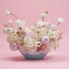 Pastel bouquet of white and pink flowers in a low decorative vase