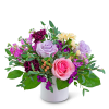 Pink and lavender roses in a white vase with purple and cream flowers