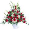 Red roses and white flowers arranged in a white urn vase