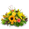 Bouquet of yellow and orange flowers with a sunflower and lilies