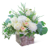 White roses and chrysanthemums in a rustic square container