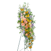 Tall floral standing spray with pink roses and orange butterflies