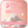 Pink baby girl graphic with clouds, footprints, and a bottle icon