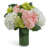 Pink and white hydrangea arrangement in a tall glass vase