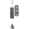 A flat, rectangle shaped chime decorated with white flowers and dragonflies. Contains