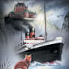 Illustrated book cover with an ocean liner by cliffs, a distant castle, and a cat on a rock