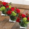 Three red rose arrangements in square glass vases with pinecones and berries