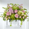 Pink roses and green chrysanthemums in a white vase