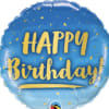 Blue birthday balloon with yellow "Happy Birthday" text