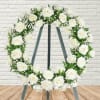 White rose wreath on a standing easel with dark ribbon