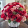 A stunning arrangement of fresh 80  red and soft pink roses