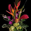 Tropical flower arrangement with orchids and bird-of-paradise in a decorative vase