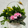 Pink and yellow potted flowers in a woven basket with a butterfly pick