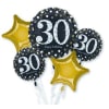 Cluster of 30th birthday balloons in black and gold