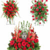 Red floral funeral arrangement with urn centerpiece and standing sprays