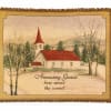 Fringed wall hanging with a church scene and the words Amazing Grace