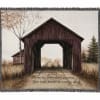 Fringed memorial throw blanket with a covered bridge scene and printed quote