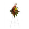 Tall standing floral spray with red, orange, and yellow flowers