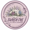 Round pink label with a floral arrangement illustration and pet loss sympathy text