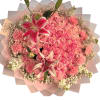 Pink rose bouquet with lilies and carnations wrapped in pastel paper