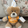 Tan plush teddy wearing a party hat and orange "happy birthday" shirt