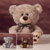 Plush teddy bears with satin bows in beige, gray, and brown