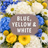 Blue, yellow, and white flower arrangement with roses, daisies, and hydrangeas