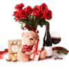 Red rose bouquet with a teddy bear, wine, chocolates, and a gift box