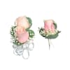 Combo corsage and boutonniere, light pink roses and white ribbon 