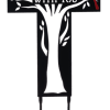 Black memorial cross stake with white tree design and red bird