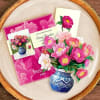 Pop-up greeting card with pink peonies and a blue vase illustration