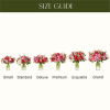 Size guide showing six pink floral arrangements in glass vases