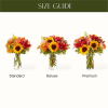 Three sunflower bouquets in clear glass vases labeled standard, deluxe, and premium