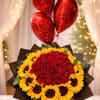 Bouquet of red roses and yellow sunflowers with red heart balloons