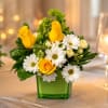 Sunshine in a compact package-this Lemon Lime Cube bouquet pairs bright yellow