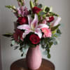 Pink Specialty Vase, handcrafted in Mexico. Mix of seasonal flowers with lush